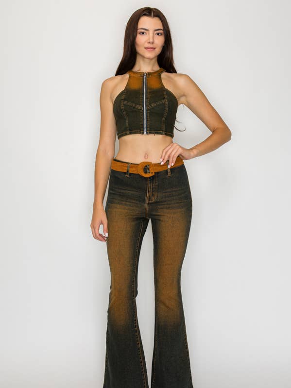 Top corto in denim elasticizzato ruggine Isola per la vendita all'ingrosso da parte di Machine Jeans