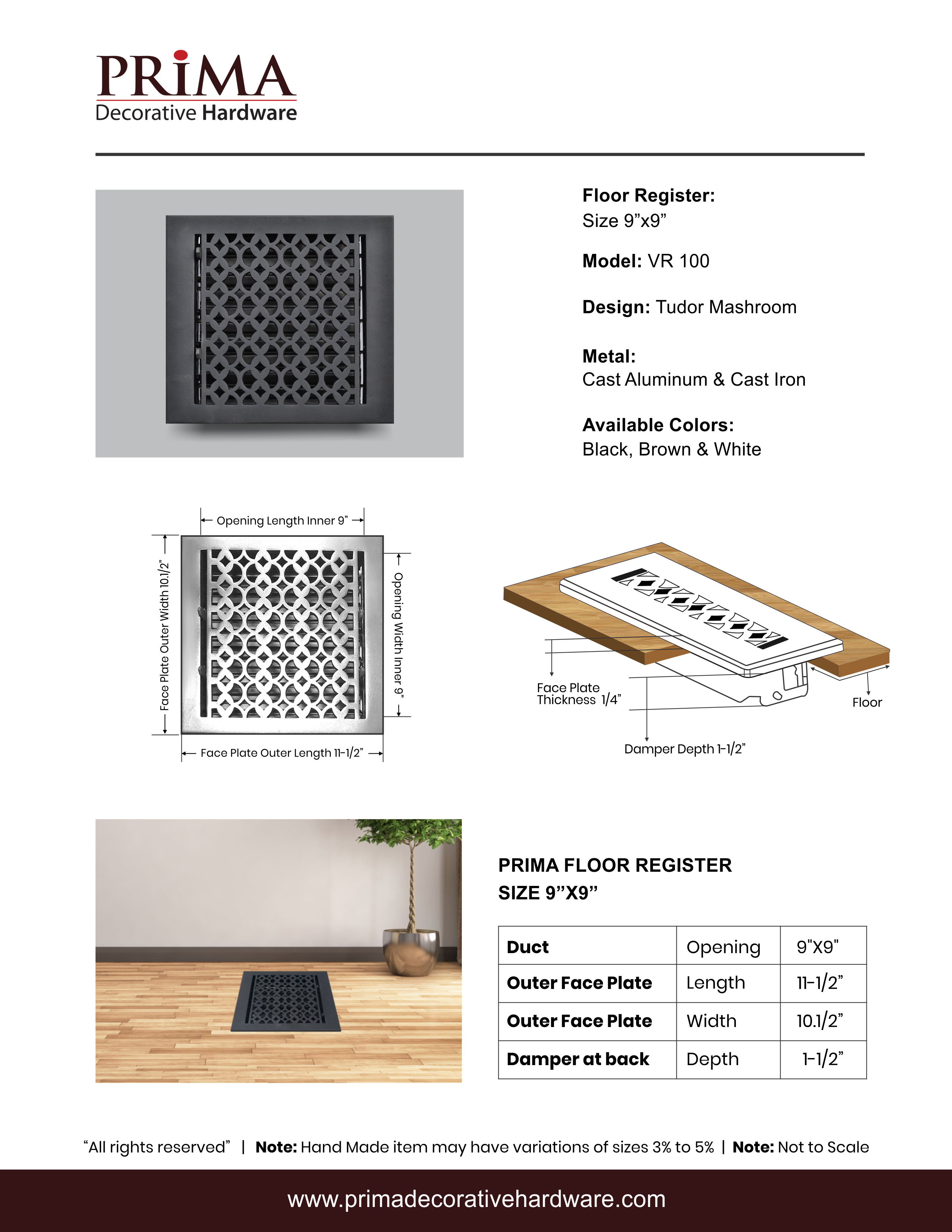 PRIMA DECORATIVE HARDWARE INC – wholesale HVAC supplies – Cast Iron Floor Register 9" x 9" VR-1008