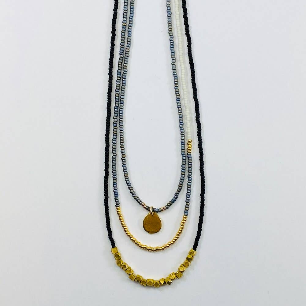 Sarah Crawford Handcrafted - Wholesale Jewelry Set - Grays Triple Beaded Necklace Set - Gold Disc1