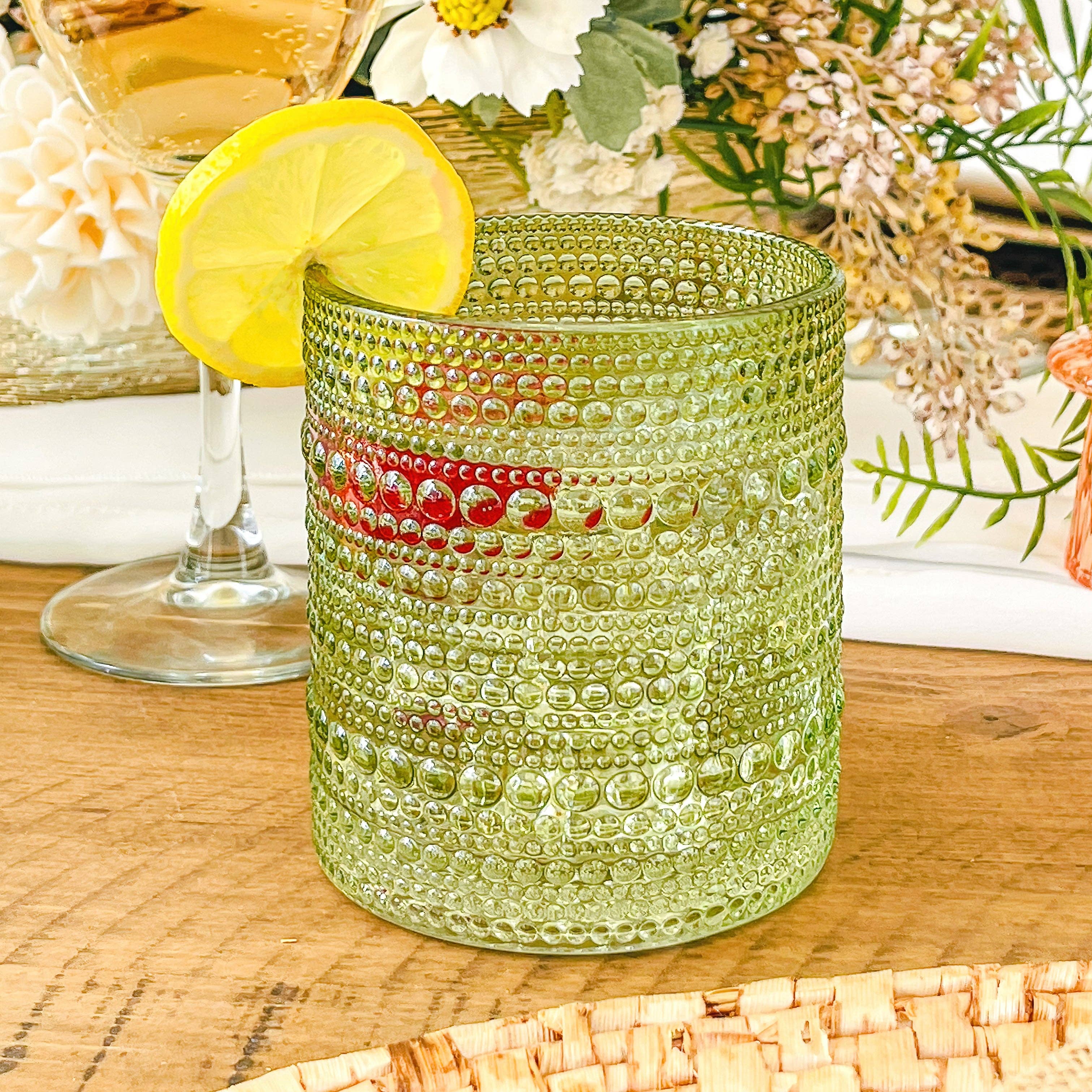 Kate Aspen - Wholesale Cocktail/Liquor Glass - 10 oz Beaded Sage Green Old Fashion Drinking Glass Set of 610