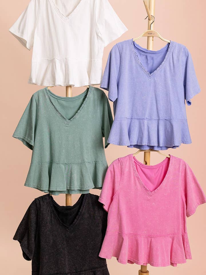 NT12466-Lace Trim Detail Mineral Washed V-Neck Knit Top for wholesale by VERY J