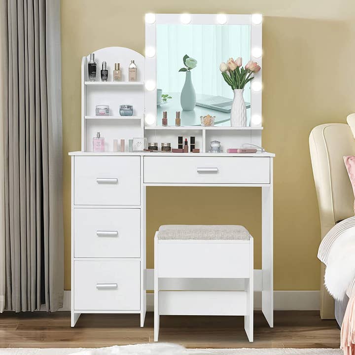 White Vanity Desk with Lighted Mirror and Charging Station for wholesale on Faire1