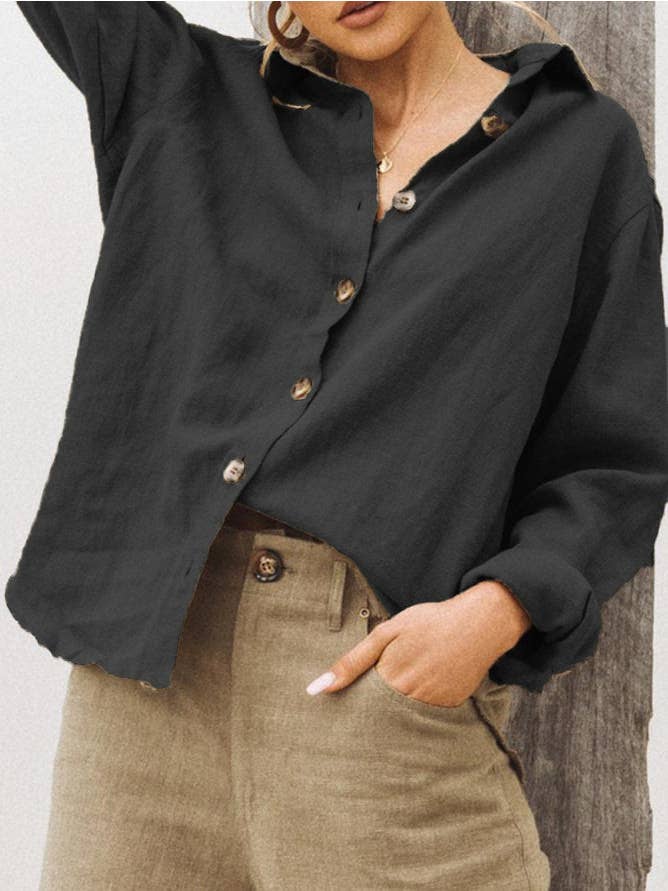 pinkblu02 - Wholesale Button Down Shirt - Women's - Women Fashion Solid Color Long Sleeve Blouses