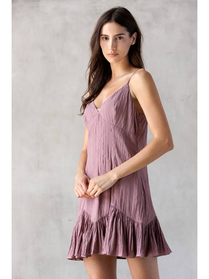 MAUVE LD2382-RUCHED V-NECK MINI DRESS for wholesale on Faire