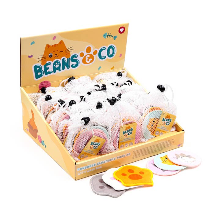 Set of 6 Beans & Co Cats Reusable Cleansing Pads for wholesale by Puckator Ltd