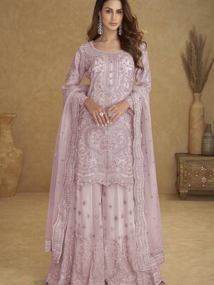 Fliederrosa Netz-Plazo-Anzug für indische & pakistanische Hochzeitsfestivals - Handarbeit, Stickereiarbeit für den Großhandel von HATKE BRIDE