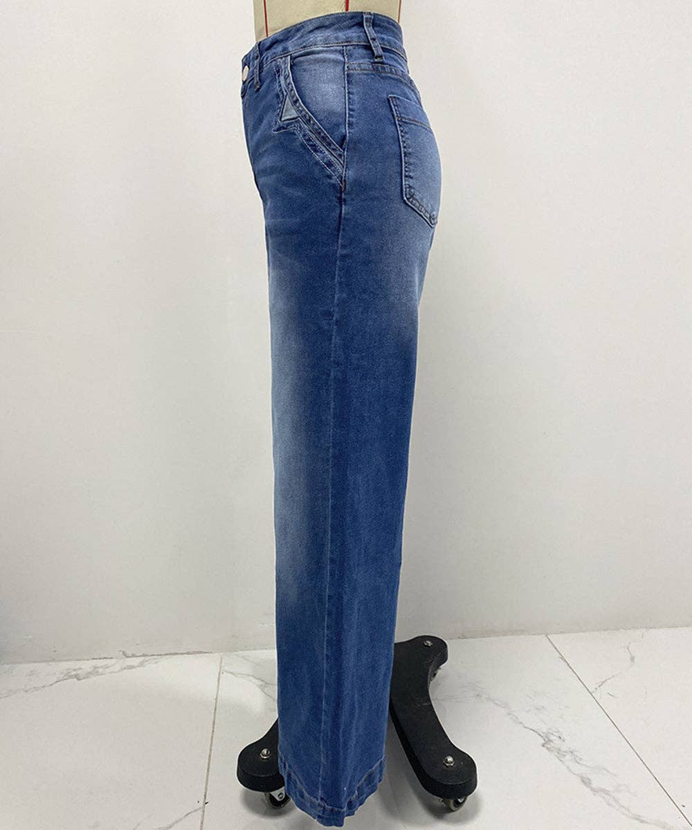 Blå Broderede brede strækjeans for engroshandel på Faire4