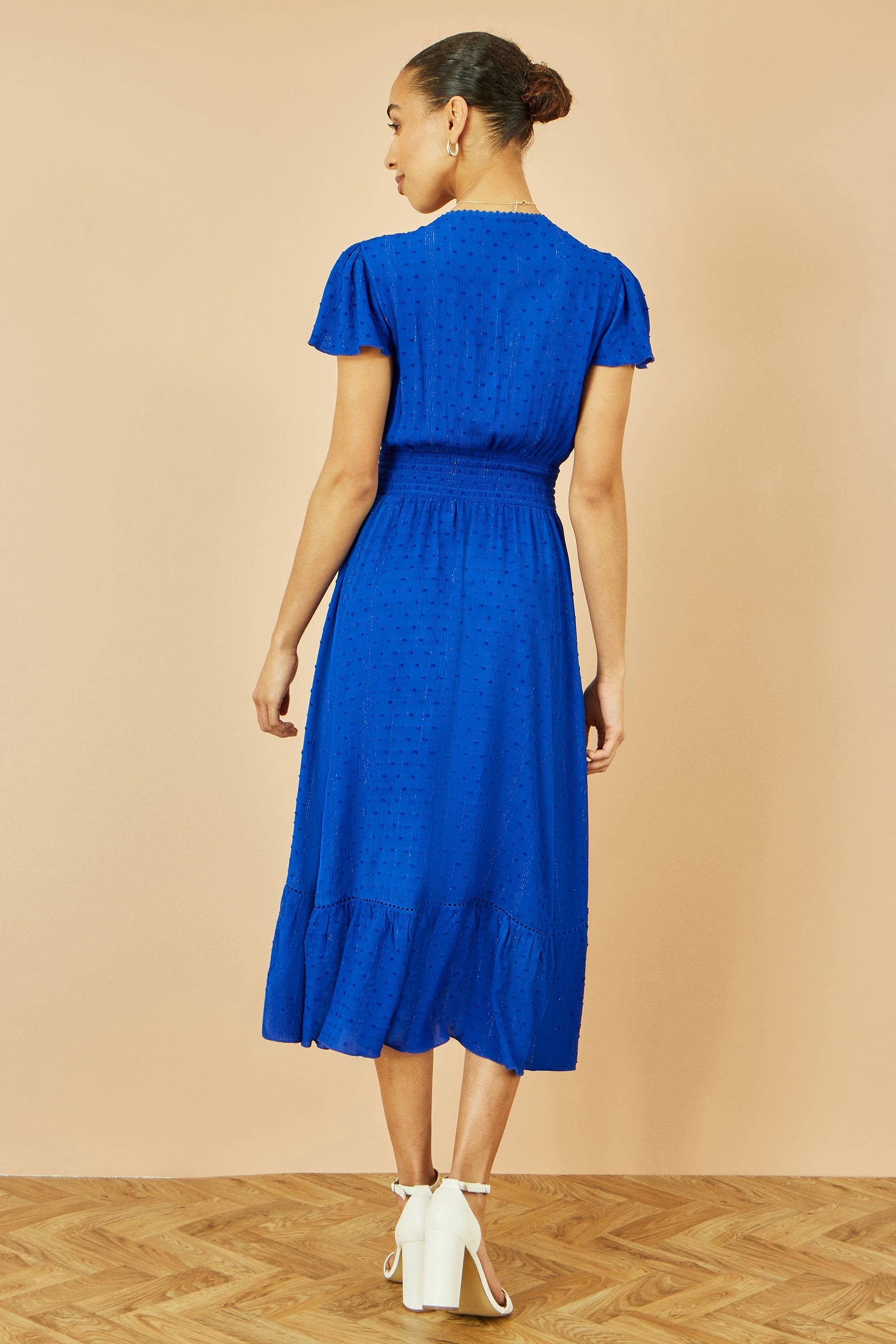 Yumi Blue Button Detail Midi Dress With Ruched Waist And Metallic Thread for wholesale on Faire3