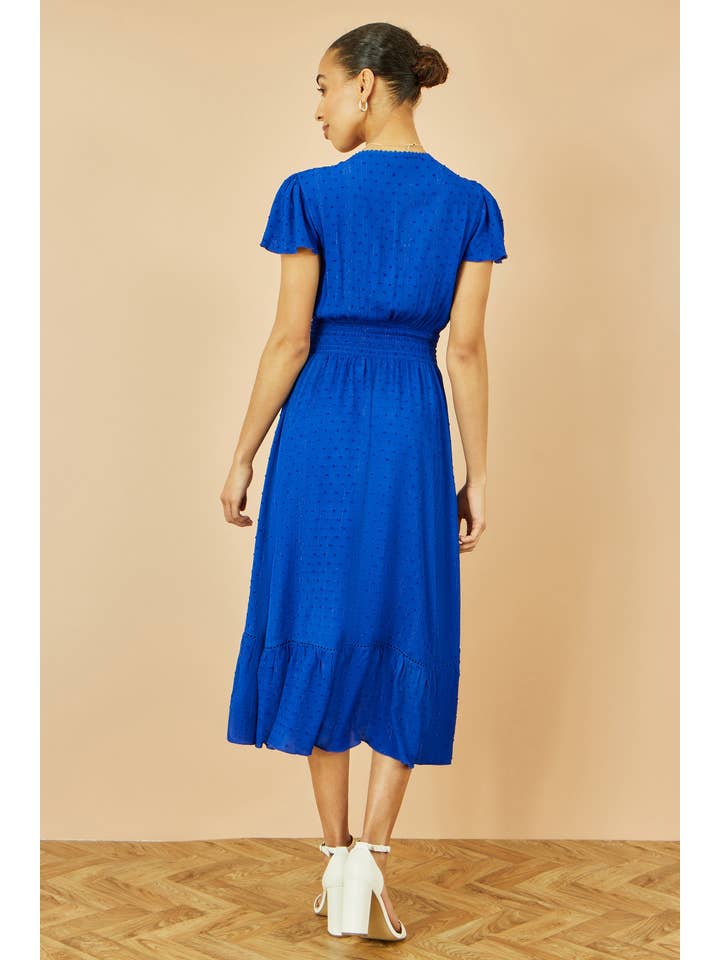 Yumi Blue Button Detail Midi Dress With Ruched Waist And Metallic Thread for wholesale on Faire3