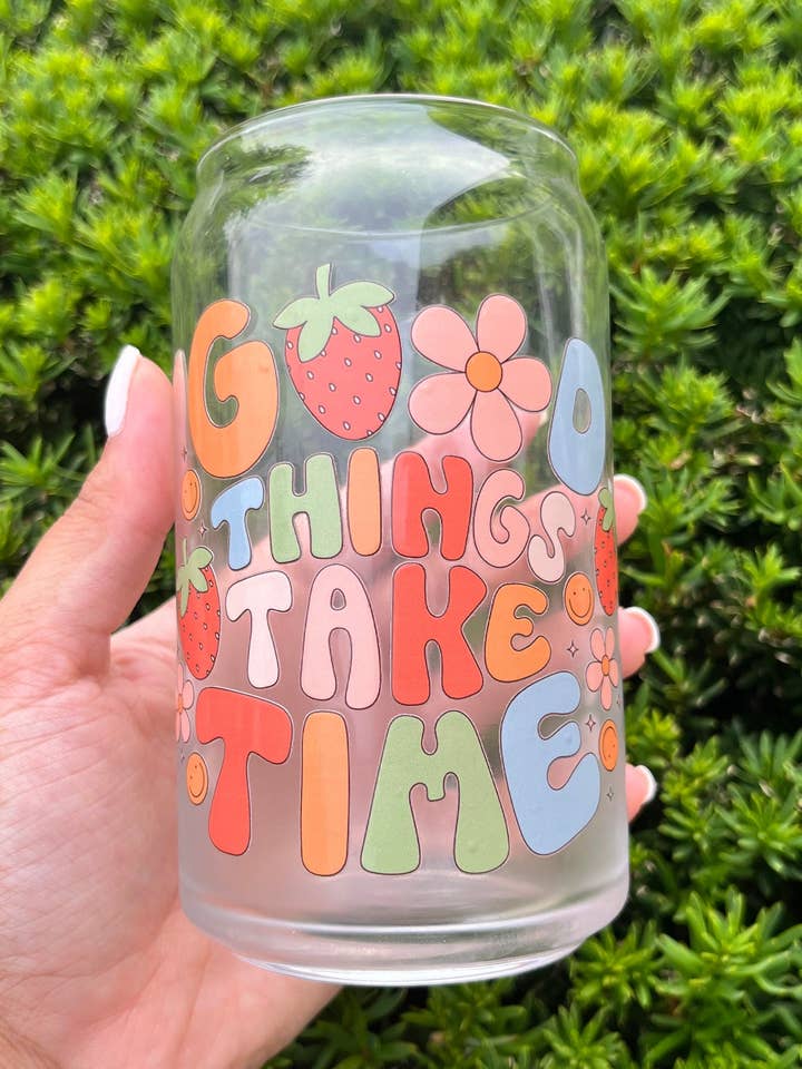 Good Thinks Take Time Glass Can Cup for wholesale by Kayla Noelle Co