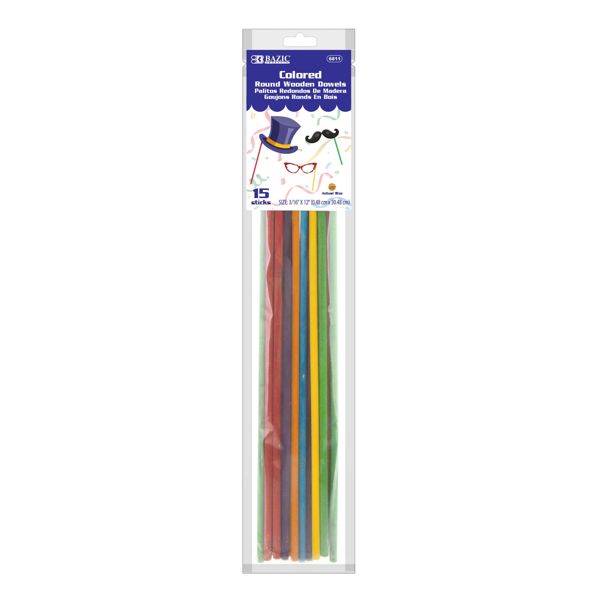 BAZIC Products - Wholesale Craft Supplies - Wooden Dowel Round Multi-Colored 3/16" x 12" (15/Bag)0