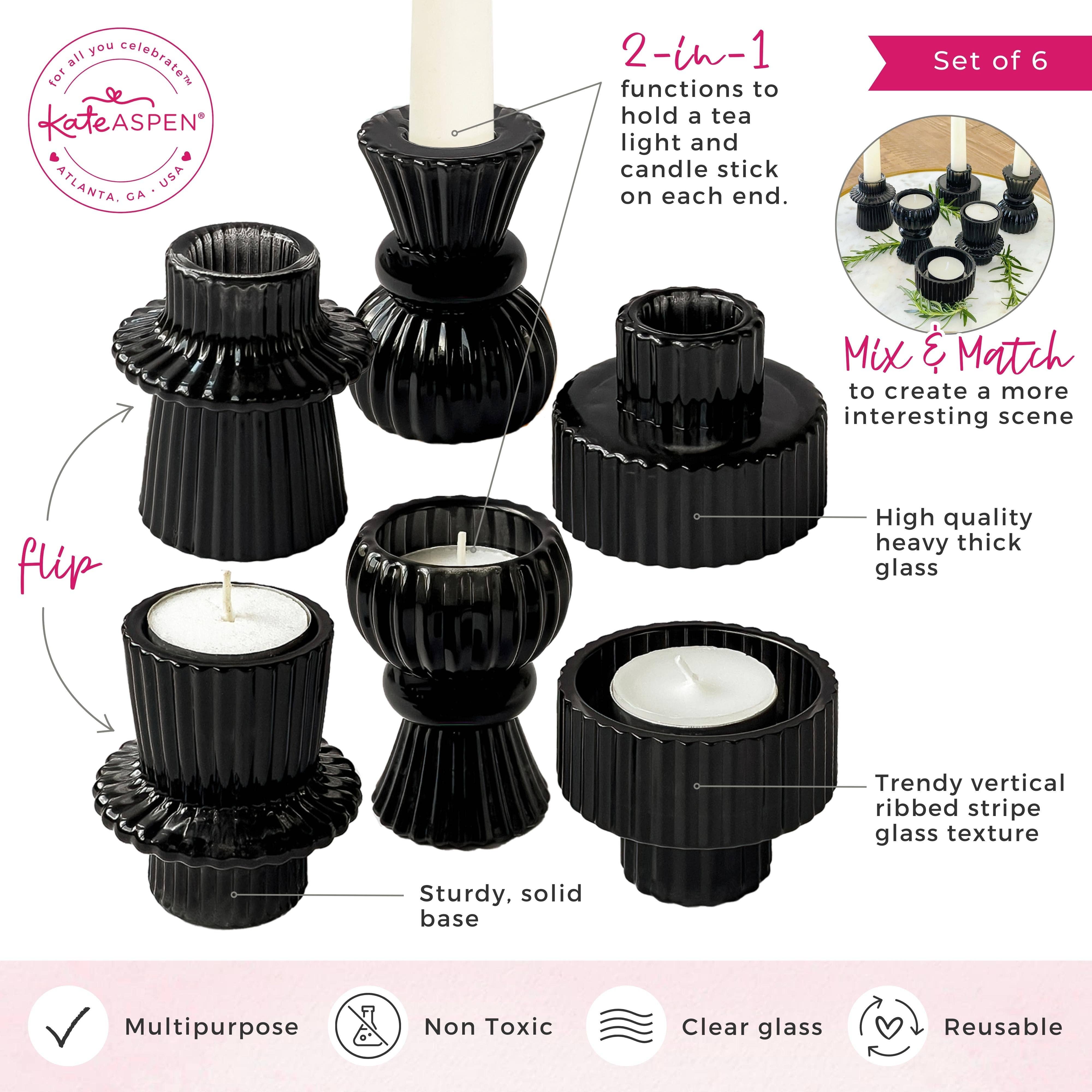 Kate Aspen - Wholesale Candle Holder - Vintage Ribbed Black Glass Candle/Candlestick Holders Set of4