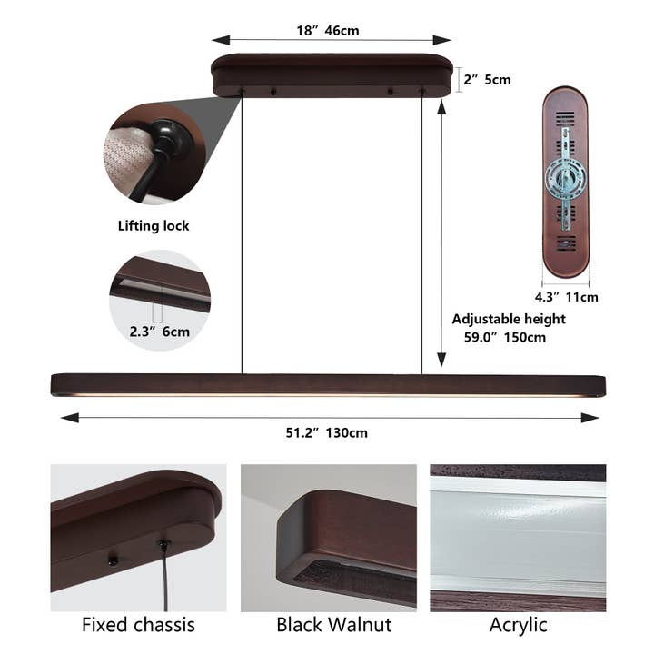 39F Inc. - Vente Lustre/Suspension - Suspension LED moderne en noyer de 51" lampe suspendue réglable3