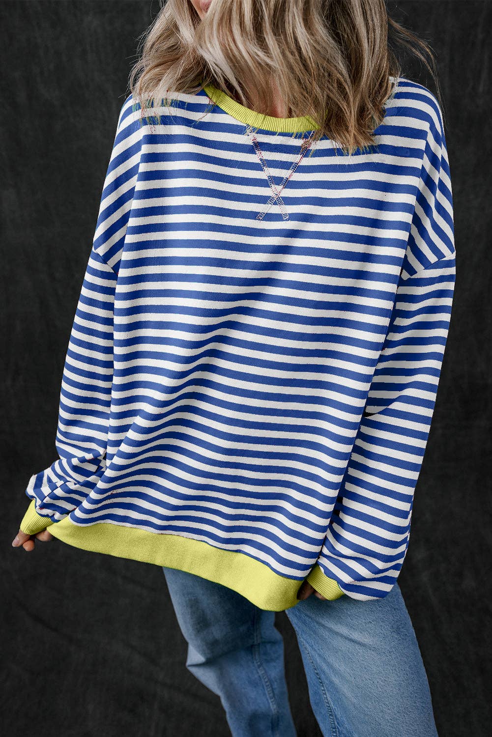 Amaryllis Apparel - Wholesale Sweatshirt - Women's - Stripe Oversized Contrast Trim Pullover Sweatshirt13