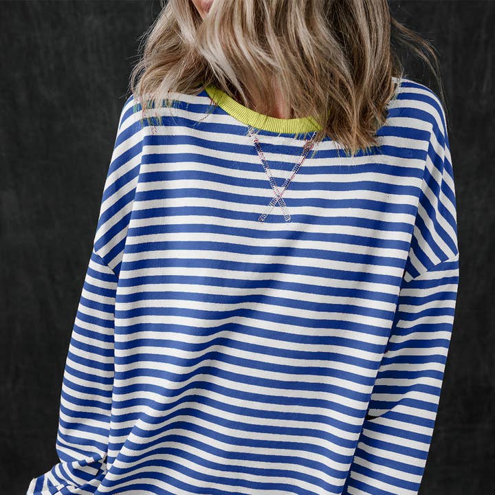 Blue Stripe Oversized Contrast Trim Pullover Sweatshirt for wholesale by Azzurro