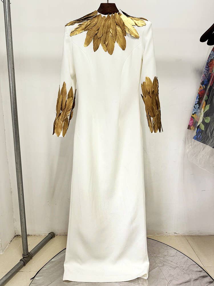 Cream 39Y Graceful Long Evening Dress with Golden Feather Details for wholesale on Faire2