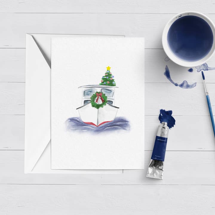 WonderfullyWrittenCo - Wholesale Christmas Card - Santa's Sleigh Boat Watercolor Christmas Card Boxed Set