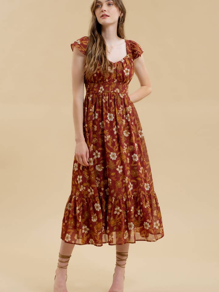 Blu Pepper - Wholesale Dress - Women's - FLORAL RUFFLE SHORT SLEEVE BACK TIE MIDI DRESS11