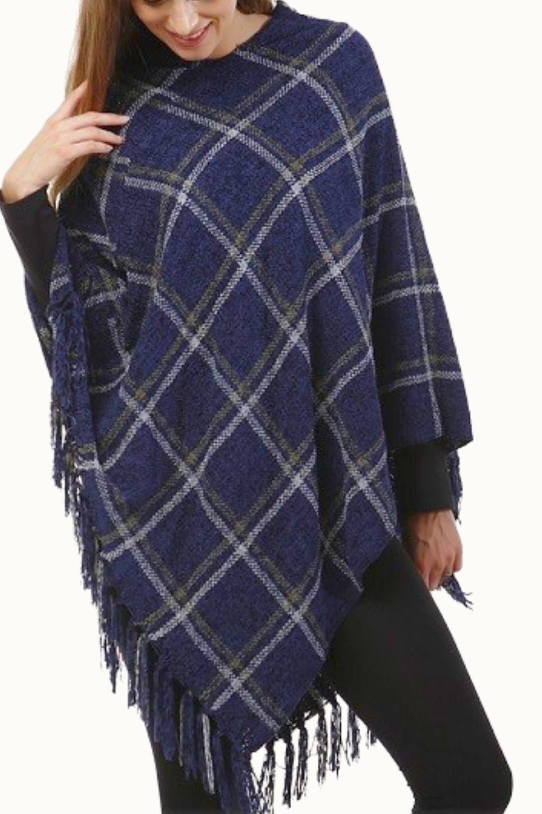 Olive & Pique – Großhandel Poncho – Unisex – Chenille-Plaid-Poncho mit Quasten, Einheitsgröße, 28" x 28"0