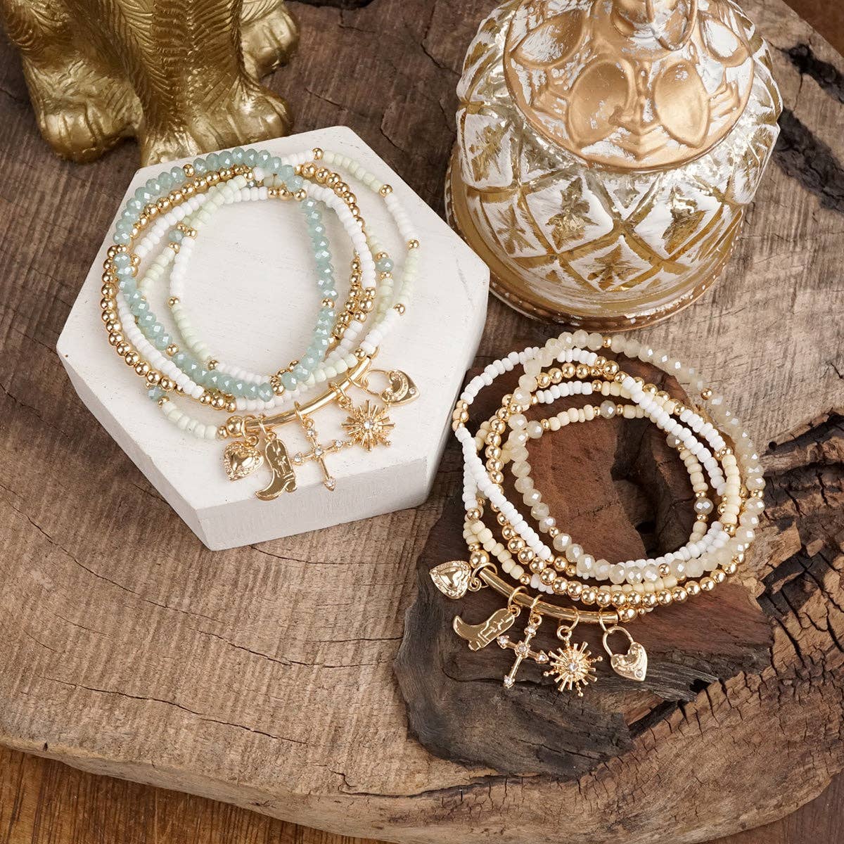 PennyLine inc - Wholesale Beaded Bracelet - Charmed Whimsy – Set of 5 Mint & White Beaded Bracelets with Golden Charm Bar5