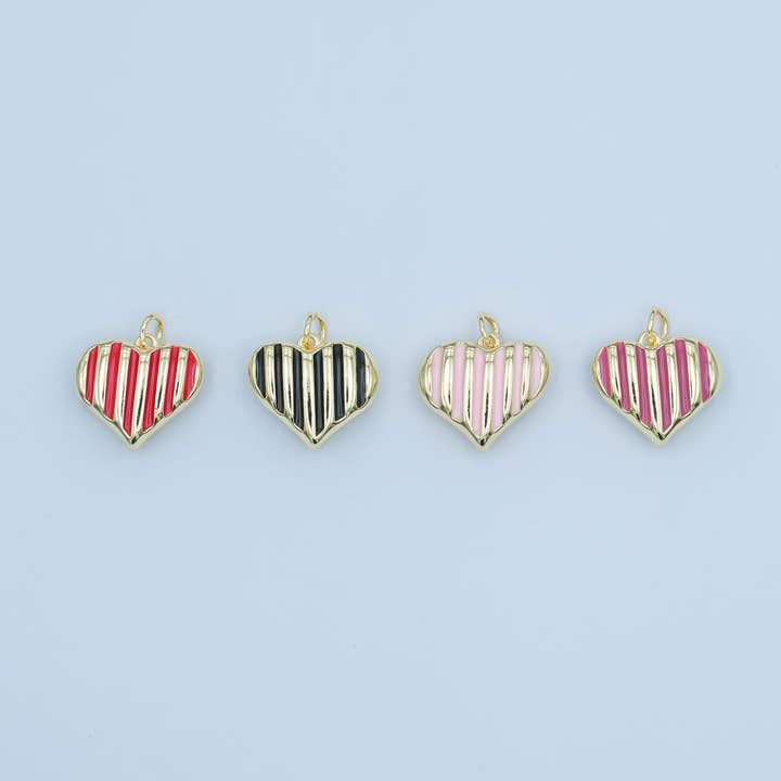 24K Gold Filled Pink, Red, Black, Fuchsia Enamel Stripped Heart Charm | N135 - N136 for wholesale by Aim Eternal