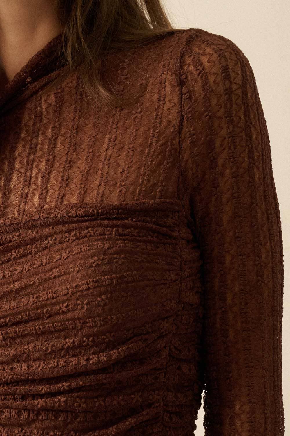 Promesa USA - Wholesale Bodysuit - Women's - Striped Floral Lace Ruched Mock-Neck Bodysuit7