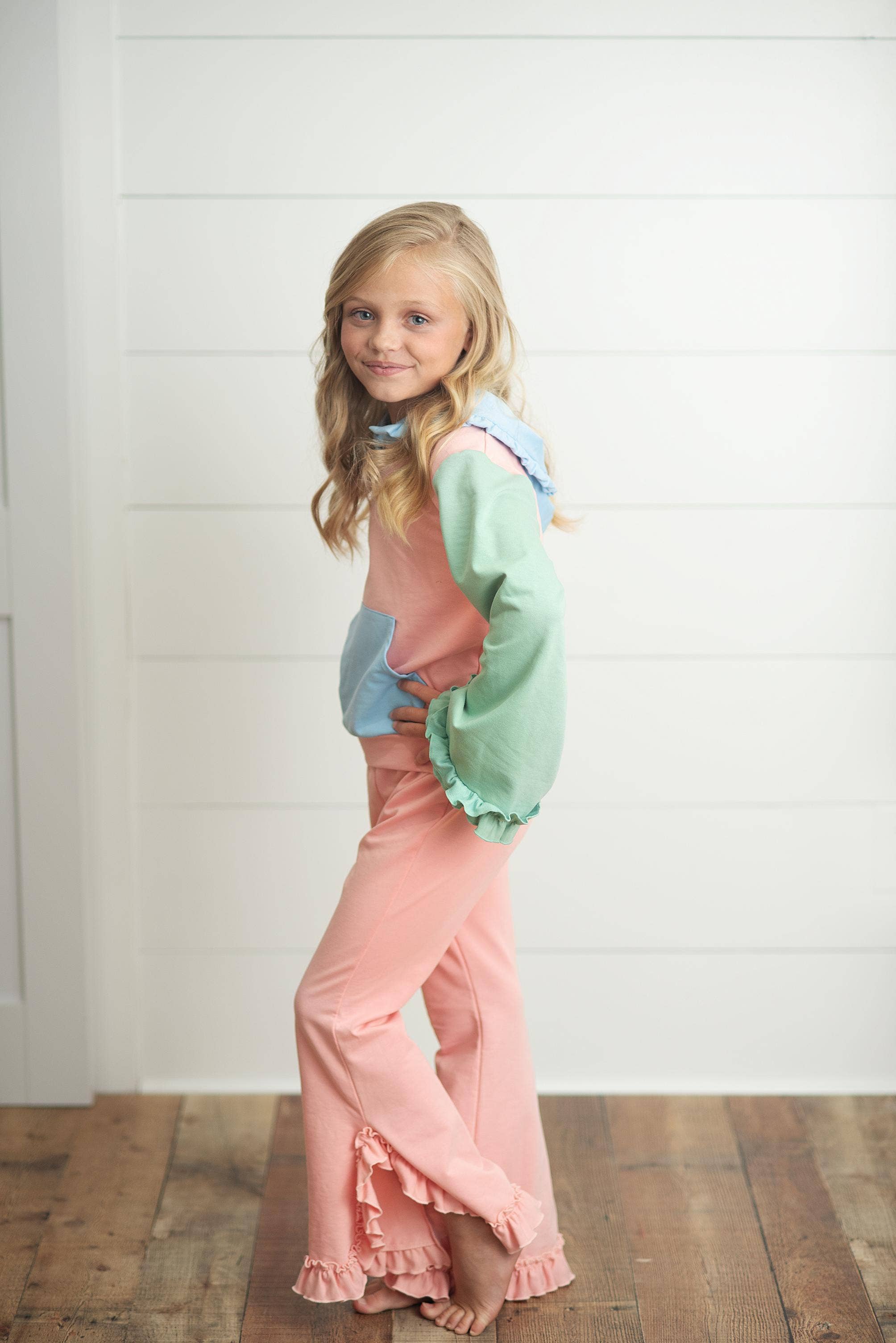 Oopsie Daisy - Wholesale Top & Pant Set - Kids - Kids Pastel Color Block Hooded Ruffle Pocket Fall Lounge Set8