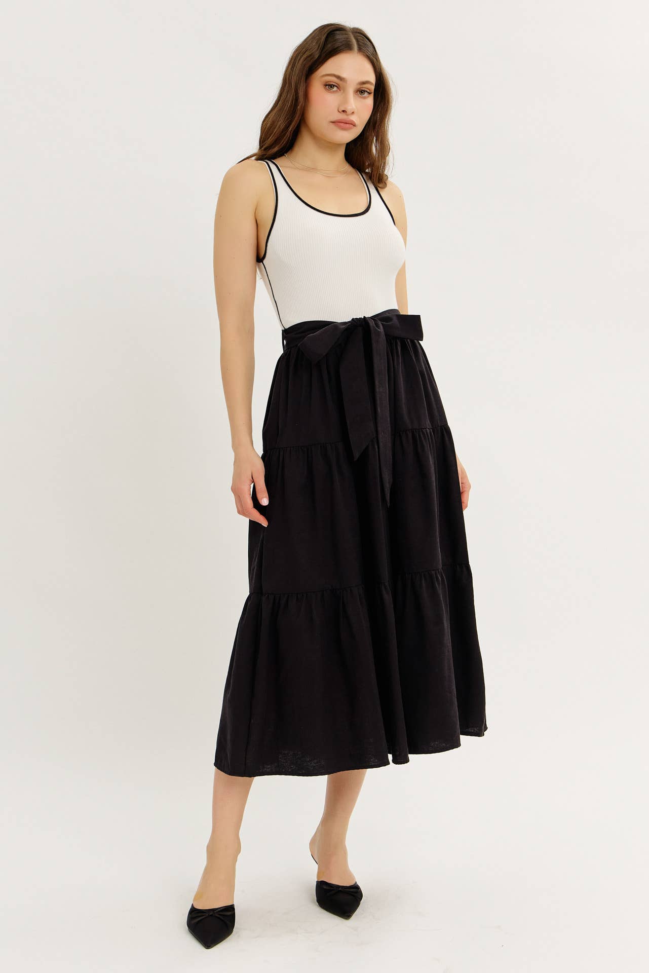 idem ditto - Wholesale Dress - Women's - MIXED MEDIA TIERED RUFFLE SWEATER TANK MIDI DRESS WITH BELT3