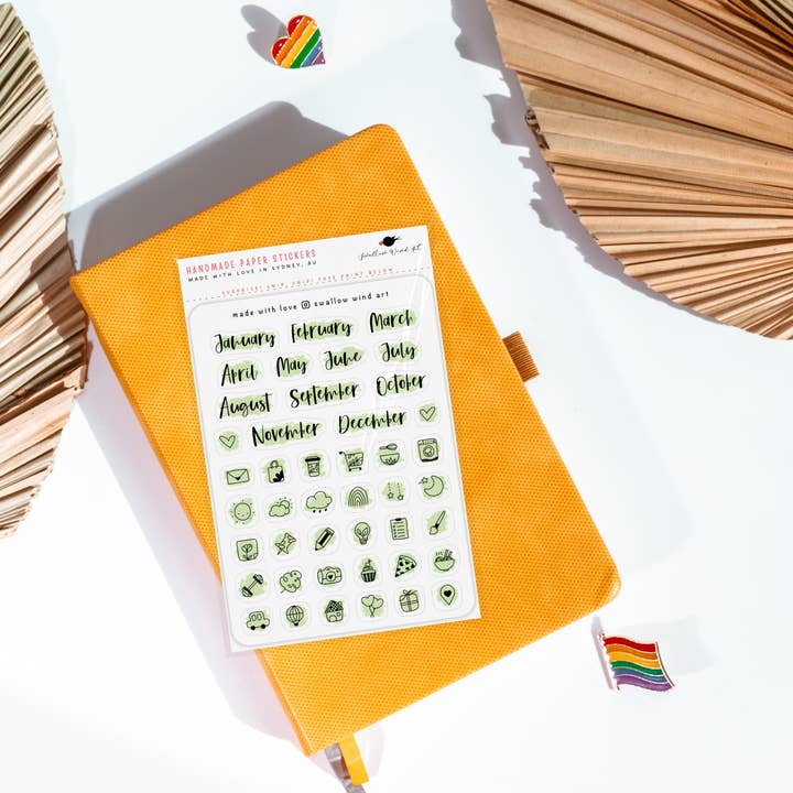 Swallow Wind Art - Wholesale Sticker - Sticker Sheet - Functinal Month Script Stickers, Mixed Icon 4