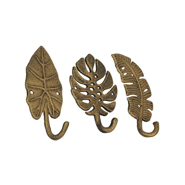 Zeckos - Wholesale Wall Hook - Set of 3 Cast Iron Tropical Leaf Wall Hooks - Gold