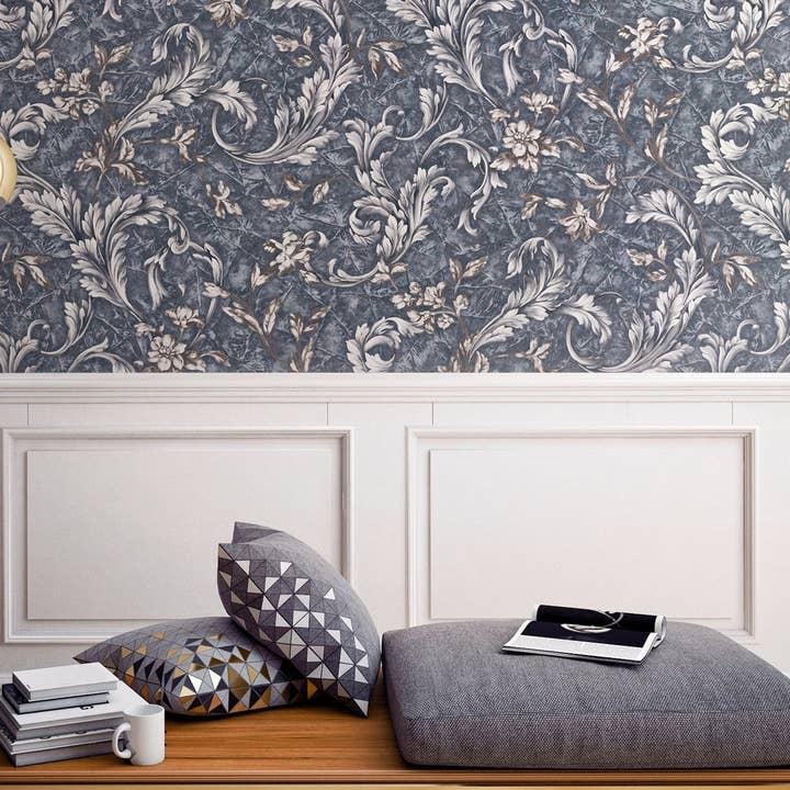 Elegant Blue White Flowered Embossed Wallpaper, Home Wall Decor, Aesthetic Wallpaper, Textured Wallcovering Non-Adhesive- 41.7”W X 393”H for wholesale by Walloro Luxury Embossed Wallpaper