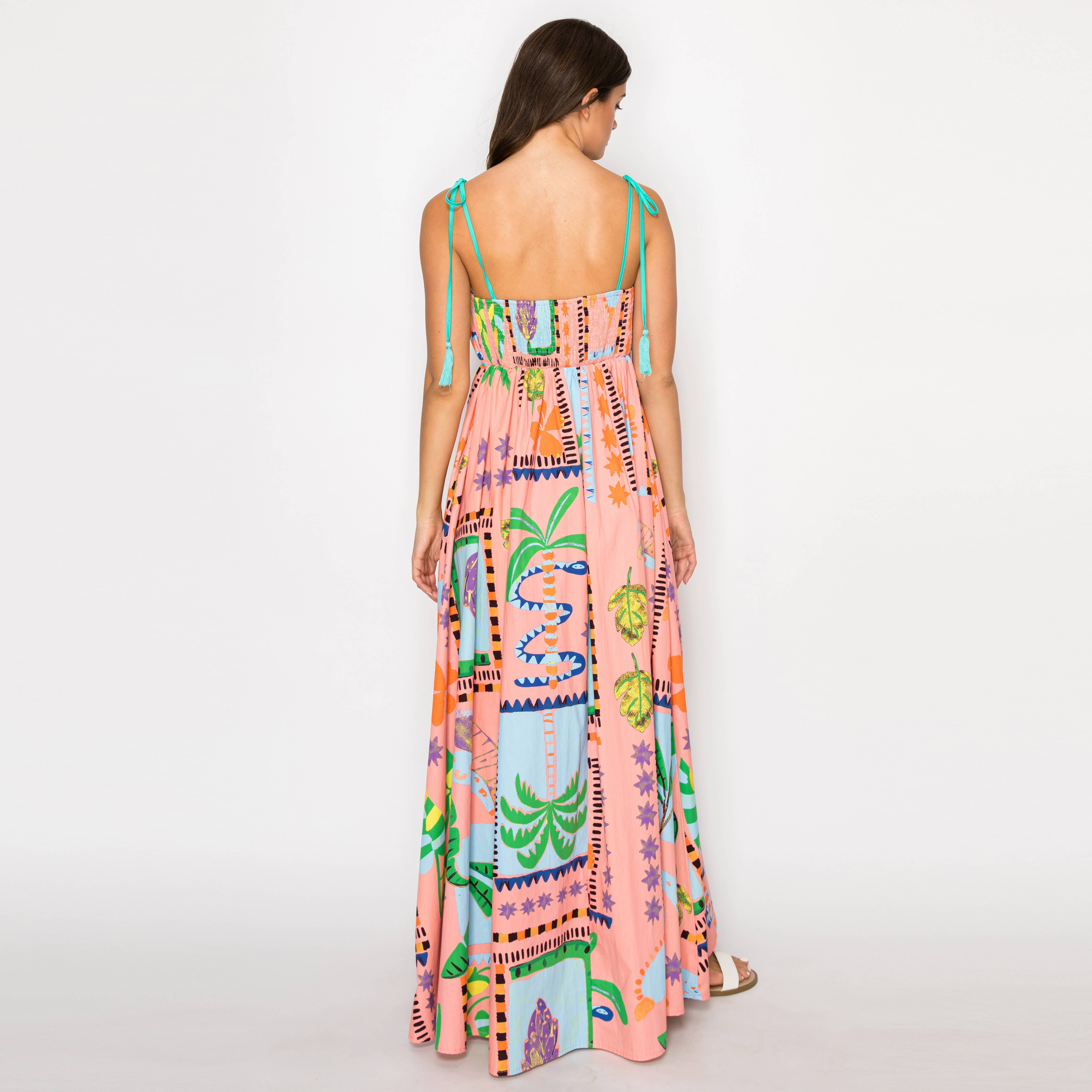 LoveWednesday - Wholesale Dress - Women's - Coral Retro Tropical Print Cotton Maxi Dress - LWD28993