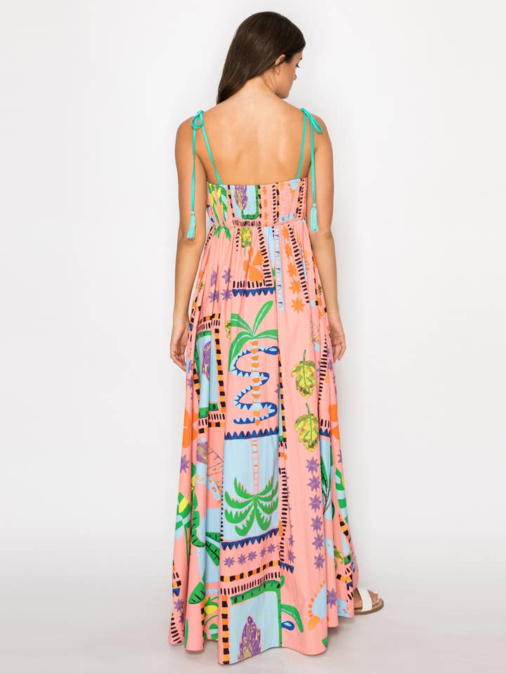 LoveWednesday - Wholesale Dress - Women's - Coral Retro Tropical Print Cotton Maxi Dress - LWD28993