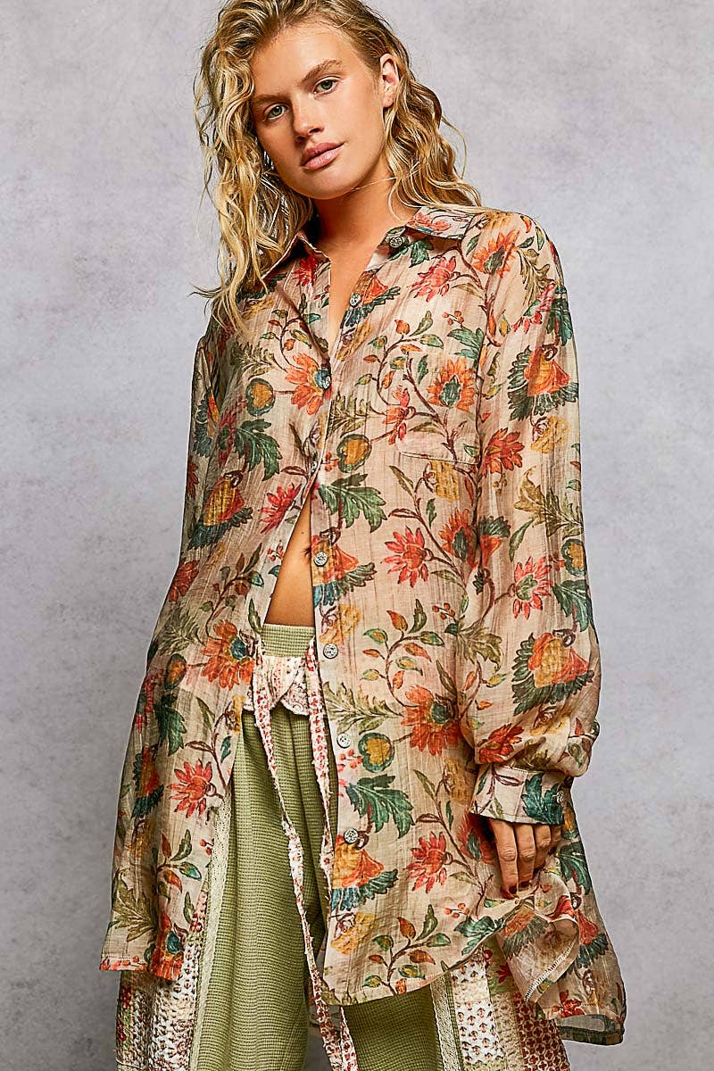 Pol Clothing - Wholesale Button Down Shirt - Women's - Boho Floral Print Long Sleeve Oversized Woven Shirt Top5