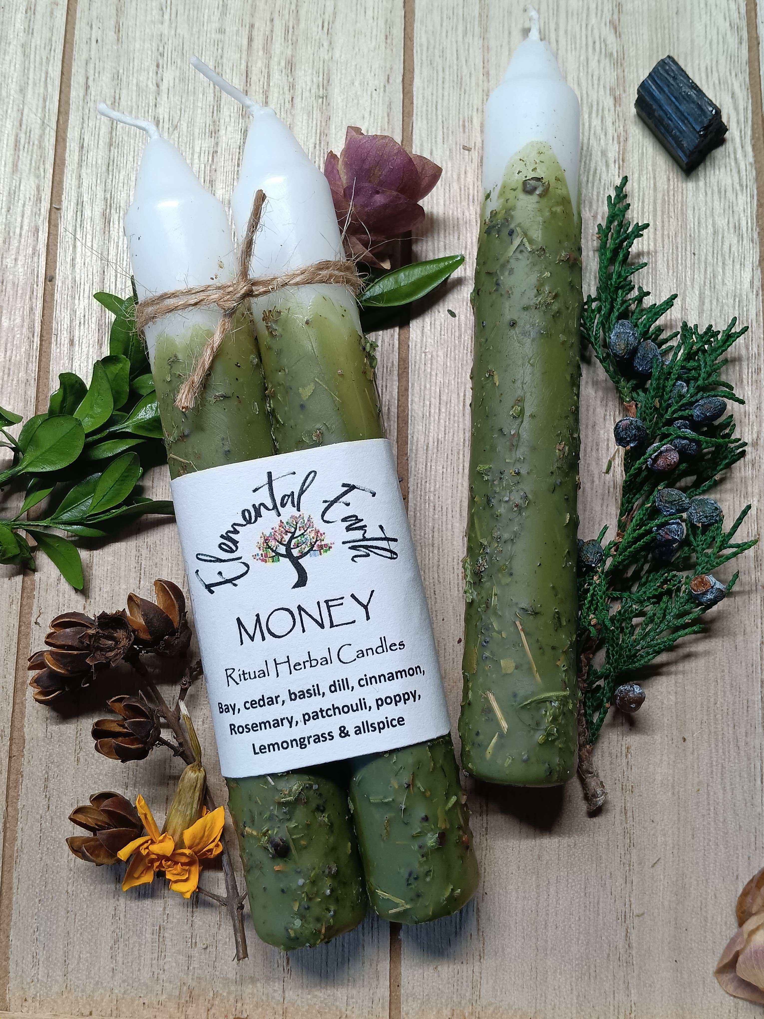 Elemental Earth Shop - Wholesale Tapered Candle/Candlestick - Money Herbal Intention Candles3
