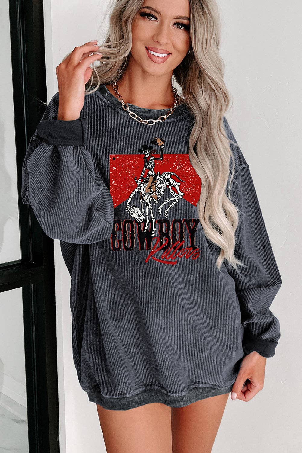 Lovesoft - Wholesale Graphic Sweatshirt - Women's - Cowboy Graphic Ribbed Knit Oversized Sweatshirt1