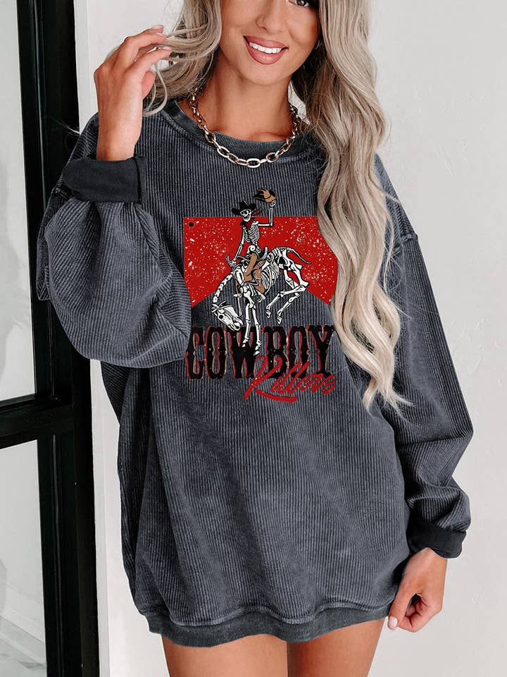 Lovesoft - Wholesale Graphic Sweatshirt - Women's - Cowboy Graphic Ribbed Knit Oversized Sweatshirt1