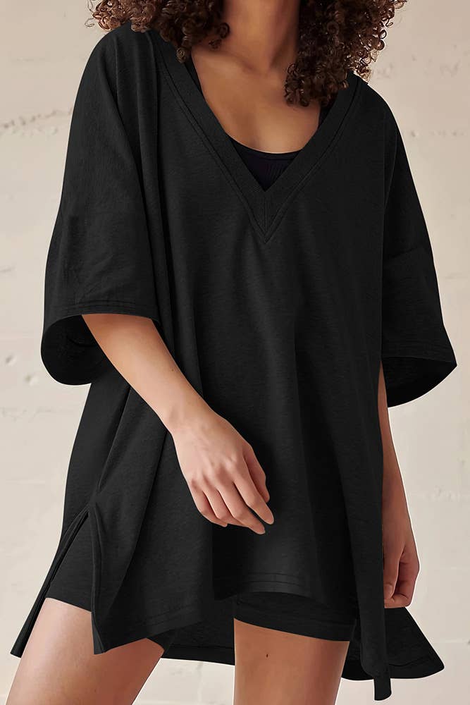 UNISHE - Wholesale Lounge Set - Women's - Summer V Neck Plain Two Pieces Short Set ASJP09014