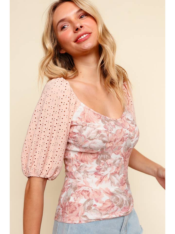 DUSTY ROSE Eyelet Short Sleeve Floral Fitted Top for wholesale on Faire