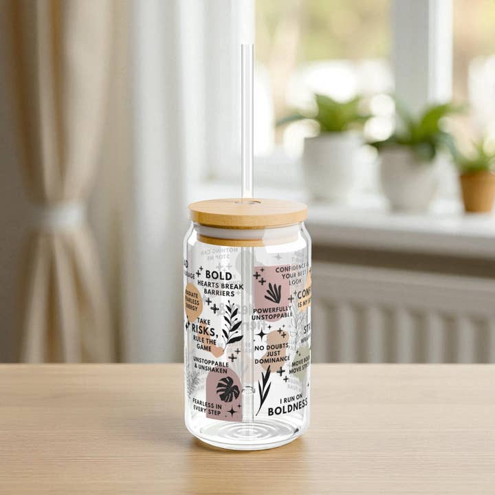 EMESLY - Wholesale Drinking Glass/Cup - Fearless & Fierce Motivational Sipper Glass Tumbler; 16oz4