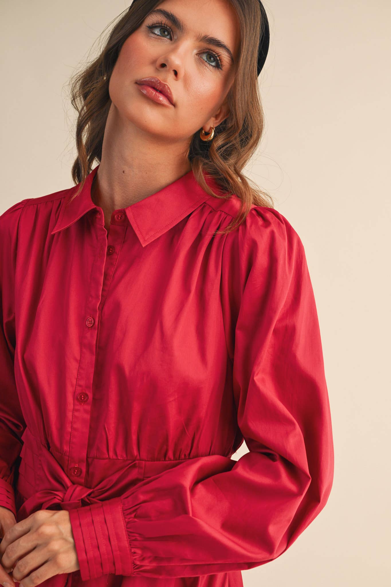 &MERCI - Wholesale Dress - Women's - PINTUCK WAIST TIE FRONT MIDI DRESS MDR421929