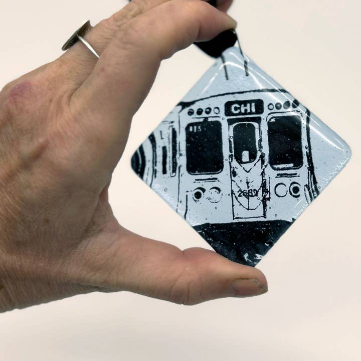 Chicago El Train Fused Glass 2.25" Ornament for wholesale by Kiku Handmade | Contemporary Fused Glass Home Goods