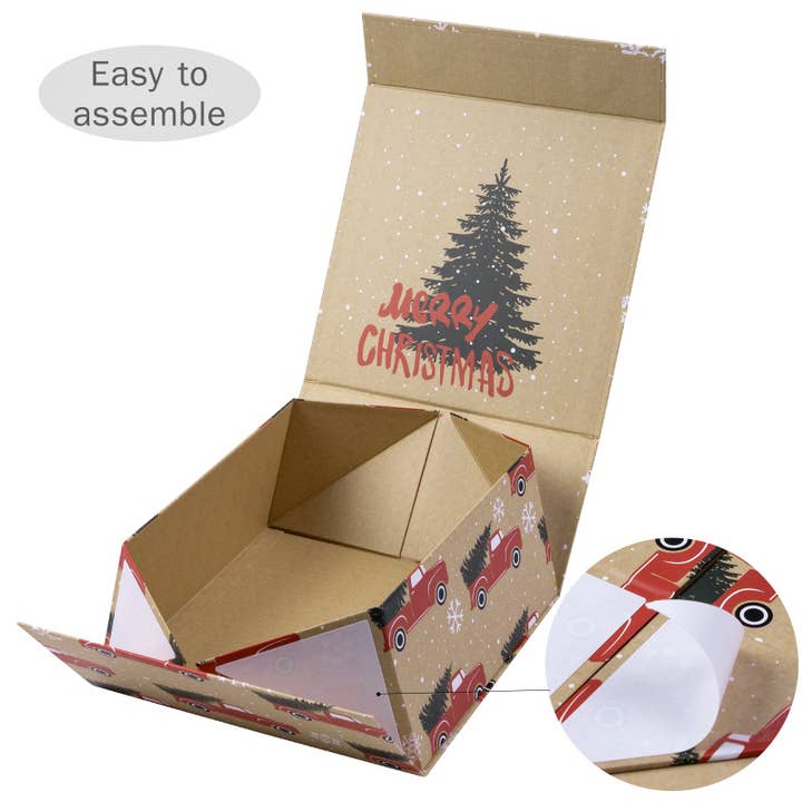 LA Ribbons Wholesale - Vendita all'ingrosso Confezioni regalo - Scatola regalo pieghevole per le festività 8" x 8" x 4" con 2 fogli di carta velina bianca e coperchio con patta magnetica quadrata | Camion rosso e albero di Natale4