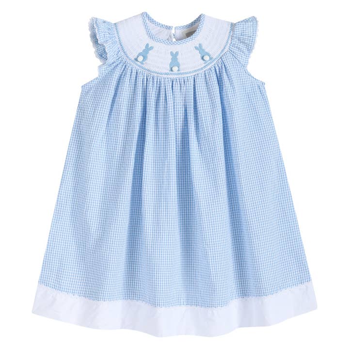 Blue Gingham Easter Bunny Smocked Bishop Dress for wholesale by Lil Cactus