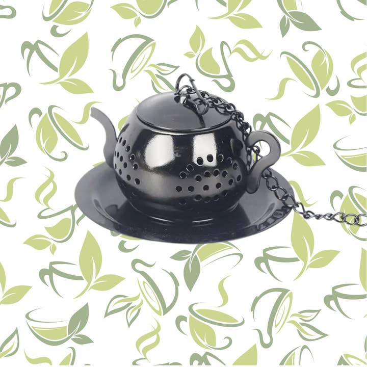 Black Teapot Shaped Tea Infuser, Tea Drain, Tea strainer for wholesale by Magnifique Hearts