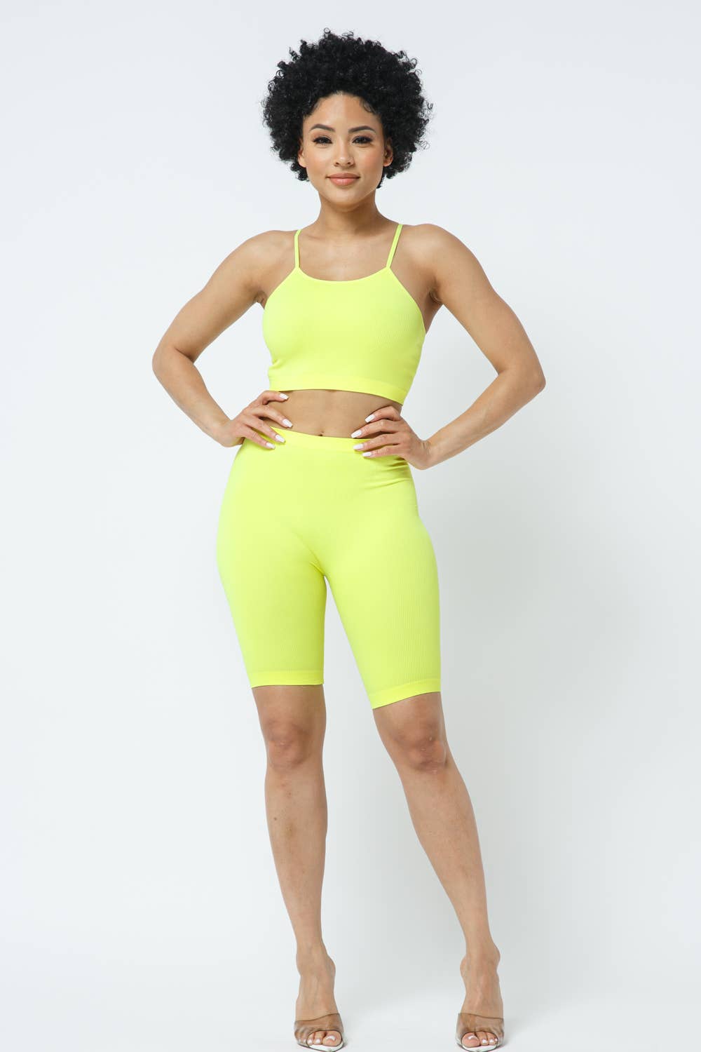Neon Lime Seamless Crop Top and Bike Short Set for wholesale on Faire3