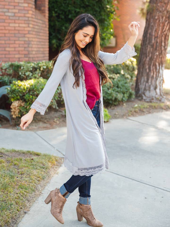 Tickled Teal - Wholesale Cardigan - Women's - 3/4 Sleeve Lace Trim Cardigan37