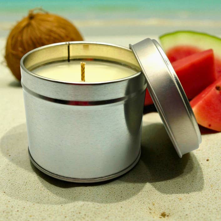 Coconut & Watermelon White Label Soy Wax Tin Candle for wholesale by Lunar Fragrances