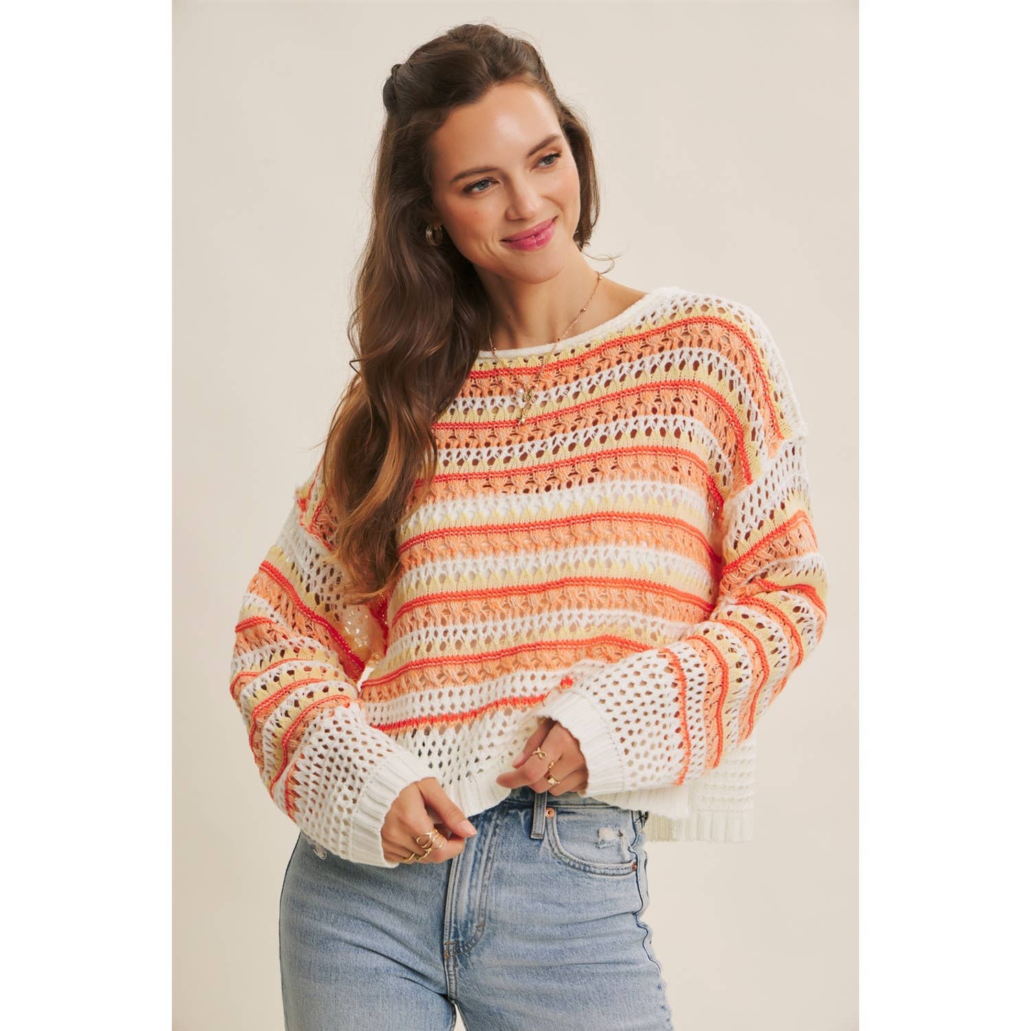 in february - Wholesale Knit Sweater - Women's - BRIGHT VIBRANT MULTI STRIPE LOOSE FIT CROCHET SWEATER TOP4