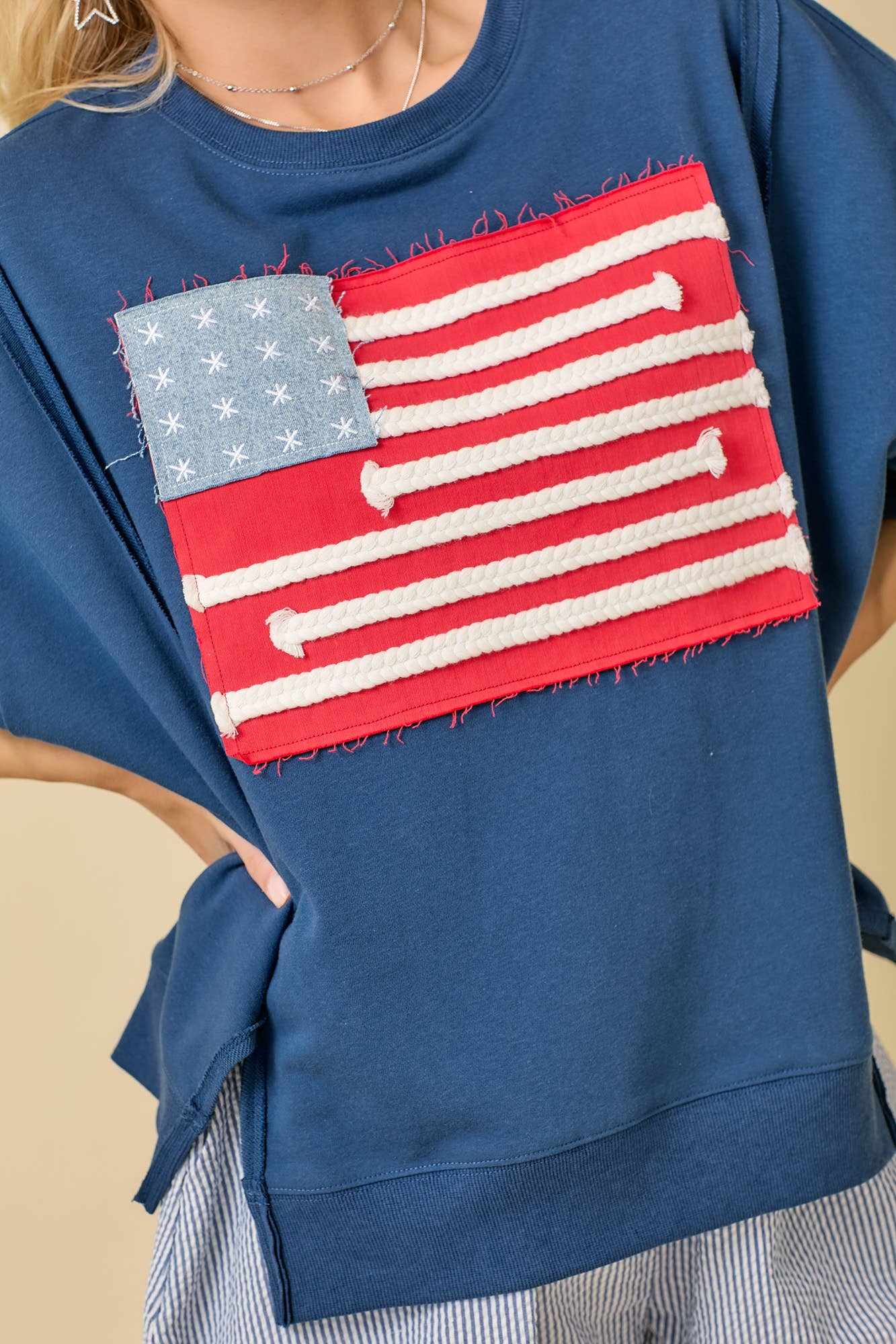 DARK BLUE Boxy Wide Short Sleeve Top With American Flag Patchwork for wholesale on Faire2